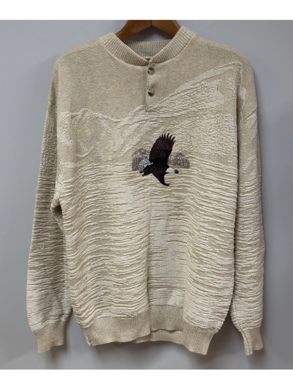Vtg Shenandoah Eagle Henley Sweater Men Beige Oversized Embroidery Mountains L